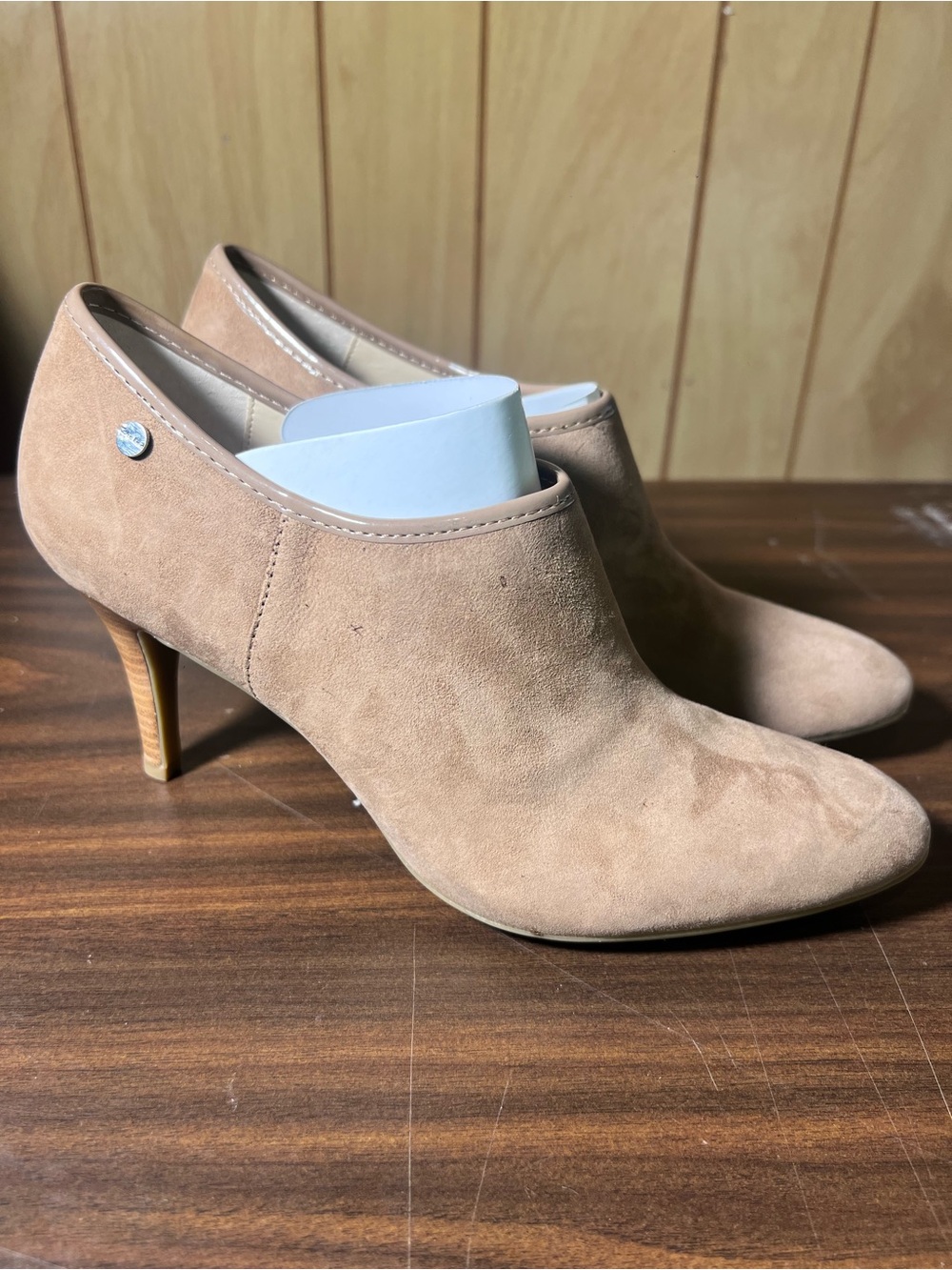 Calvin Klein Taupe Suede Heeled Ankle Booties - Picture 5 of 8